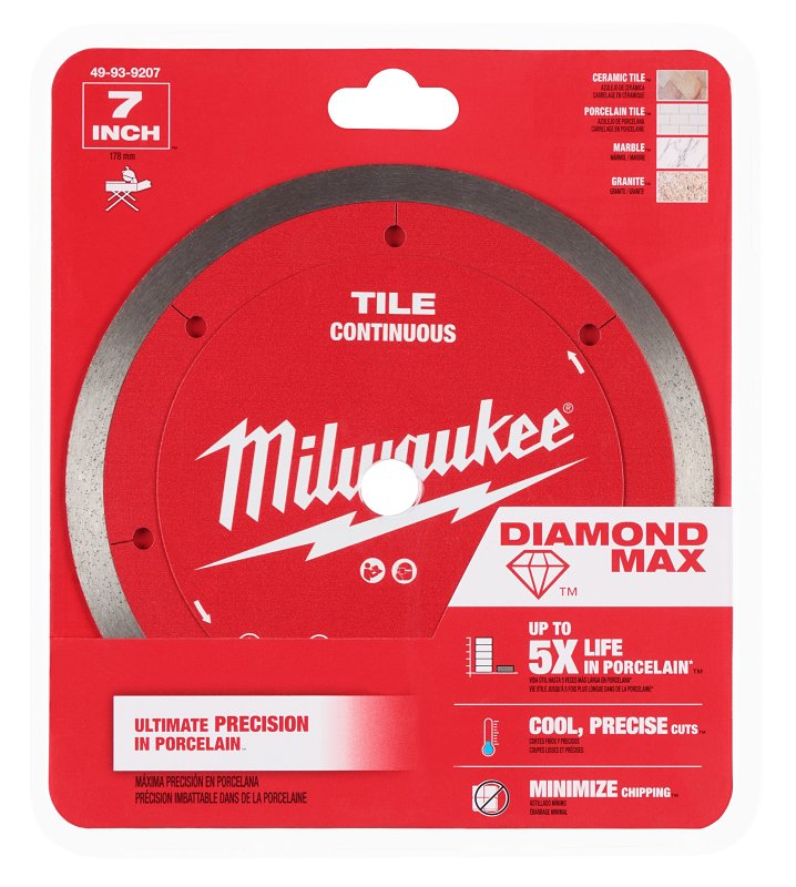 Milwaukee DIAMOND MAX 49-93-9207 Saw Blade, 7 in Dia, 5/8 in Arbor, Diamond Cutting Edge, Continuous Rim