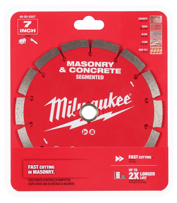 Milwaukee 49-93-9307 Saw Blade, 7 in Dia, 5/8, 7/8 in Arbor, Diamond Cutting Edge, Segmented Rim