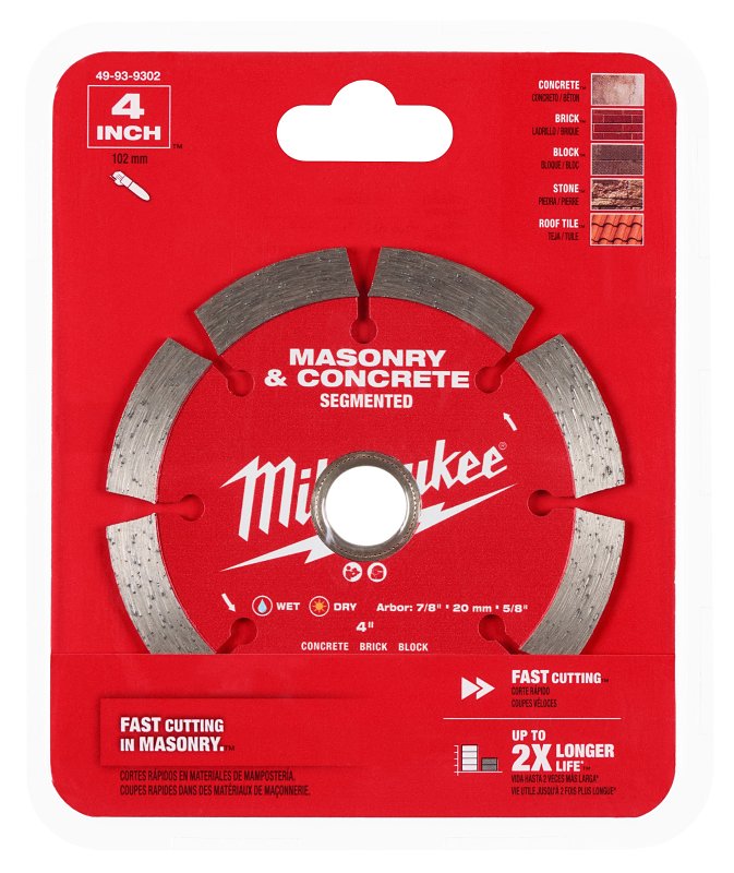 Milwaukee 49-93-9302 Saw Blade, 4 in Dia, 5/8 in, 7/8 in, 20 mm Arbor, Diamond Cutting Edge, Segmented Rim