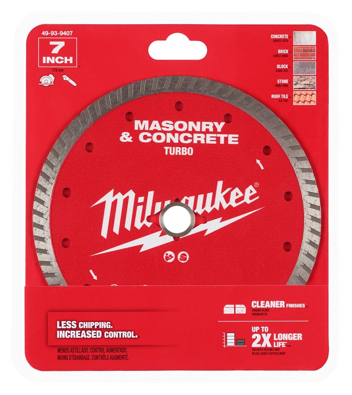 Milwaukee 49-93-9407 Saw Blade, 7 in Dia, 5/8, 7/8 in Arbor, Diamond Cutting Edge, Turbo Rim