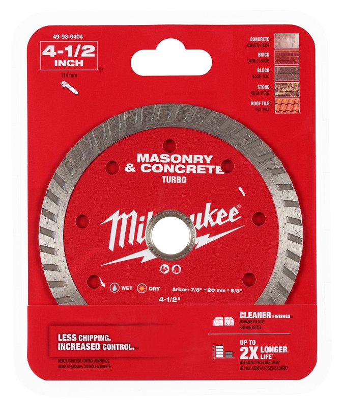 Milwaukee 49-93-9404 Saw Blade, 4-1/2 in Dia, 7/8 in-20 mm-5/8 in Arbor, Turbo Rim