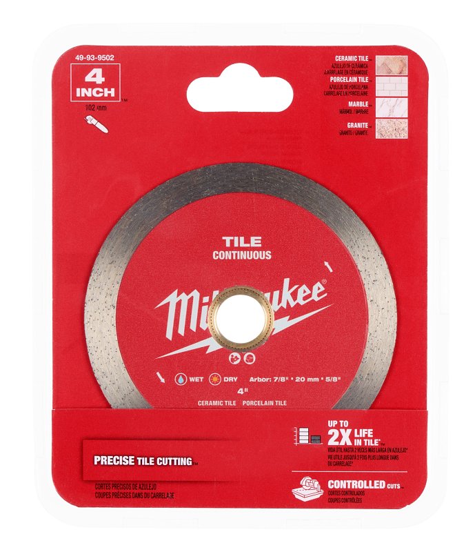Milwaukee 49-93-9502 Saw Blade, 4 in Dia, 5/8 in, 7/8 in, 20 mm Arbor, Diamond Cutting Edge, Continuous Rim