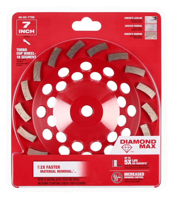 Milwaukee DIAMOND MAX 49-93-7795 Turbo Cup Wheel, 7 in Dia, 1-1/2 in Thick, 5/8-11 Arbor, Diamond Abrasive