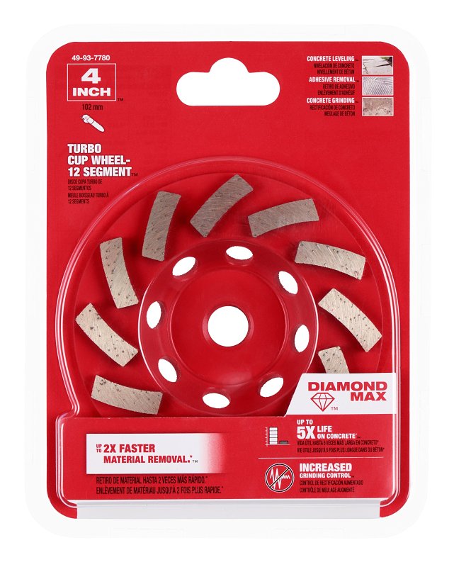 Milwaukee DIAMOND MAX 49-93-7780 Turbo Cup Wheel, 4 in Dia, 1 in Thick, 5/8-11 Arbor, Diamond Abrasive
