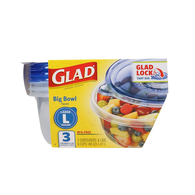 Glad BBG10691 Large Big Bowl, 48 oz Capacity, Plastic, Clear, Pack of 3