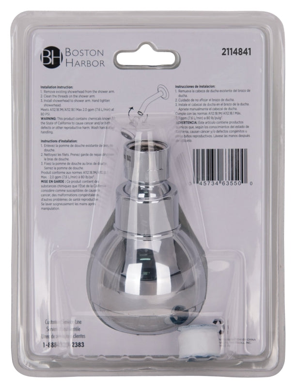 Boston Harbor B11041CP Showerhead, 1.75 gpm, 1/2 in Connection, Threaded, 1-Spray Function, Plastic, Chrome