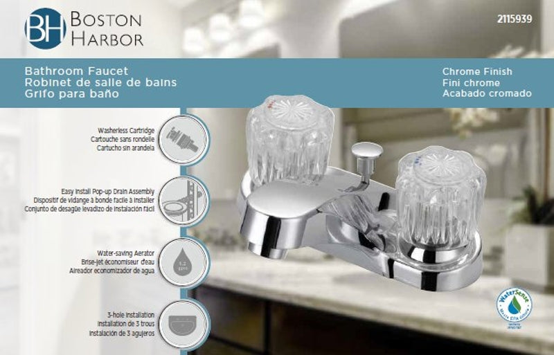 Boston Harbor F5120069CP Lavatory Faucet, 1.2 gpm, 2-Faucet Handle, 3-Faucet Hole, Metal/Plastic, Chrome, Round Handle