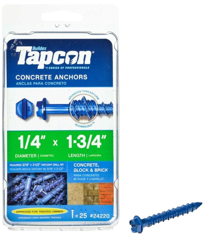 Tapcon 24220 Concrete Screw Anchor, 1/4 in Dia, 1-3/4 in L, Hex Head, Steel, Climaseal, 25/PK