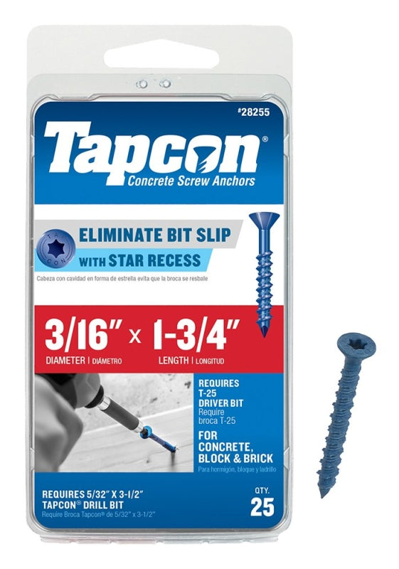 Tapcon 24255 Concrete Screw Anchor, 3/16 in Dia, 1-3/4 in L, Steel, 25/PK