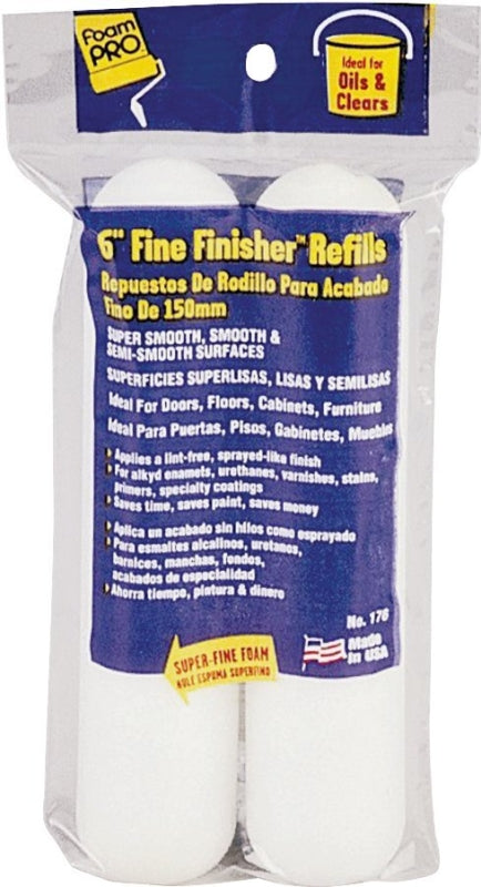 Foampro 176 Fine Finish Roller Refill, 3/8 in Thick Nap, 6 in L, Foam Cover
