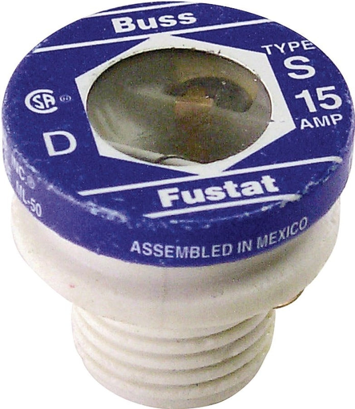 Bussmann S Series BP/S-15 Plug Fuse, 15 A, 125 V, 10 kA Interrupt, Plastic Body, S, Low Voltage, Time Delay Fuse