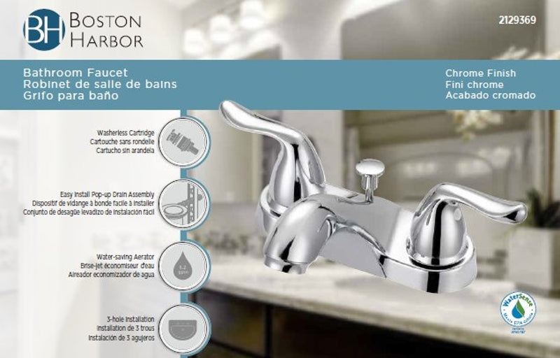 Boston Harbor F5121033CP Lavatory Faucet, 1.2 gpm, 2-Faucet Handle, 3-Faucet Hole, Metal, Chrome, 4 in Faucet Centers