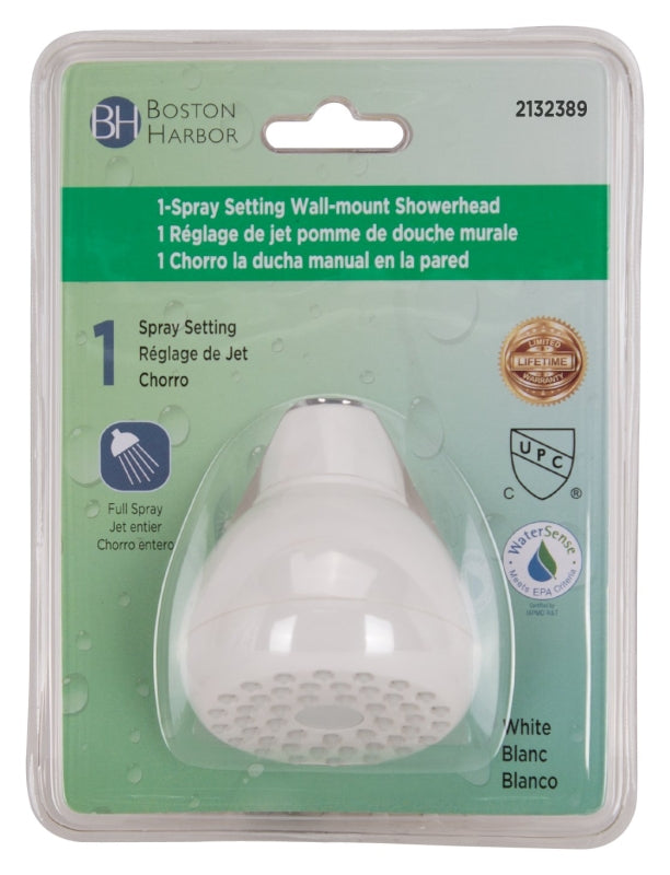 Boston Harbor B11041WH Showerhead, 1.75 gpm, 1/2 in Connection, Threaded, 1-Spray Function, Plastic, White