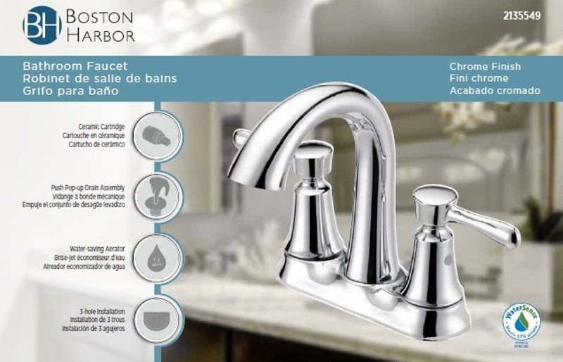 Boston Harbor F51B0035CP Lavatory Faucet, 1.2 gpm, 2-Faucet Handle, 3-Faucet Hole, Metal/Plastic, Chrome, Lever Handle