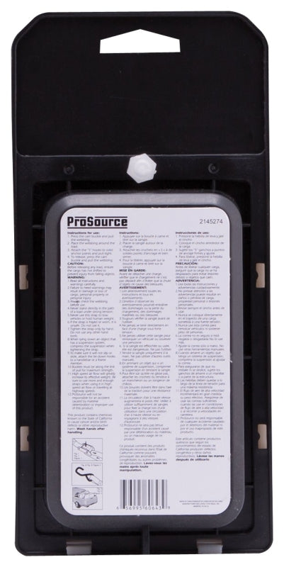 ProSource RT45481 Tie-Down, 1 in W, 10 ft L, Polyester Webbing, Metal Buckle, Black, 400 lb, S-Hook End Fitting