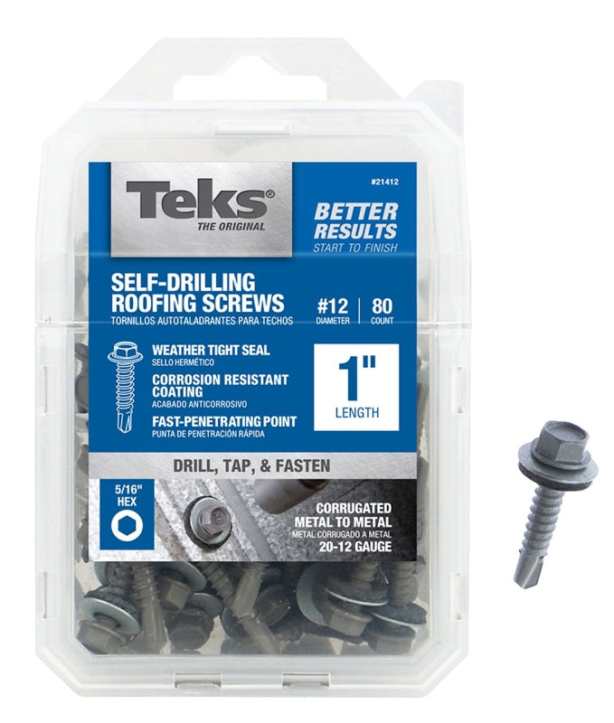 Teks 21412 Roofing Screw, #12 Thread, Coarse Thread, Hex Drive, Drill Point, Steel, Zinc, 80 PK