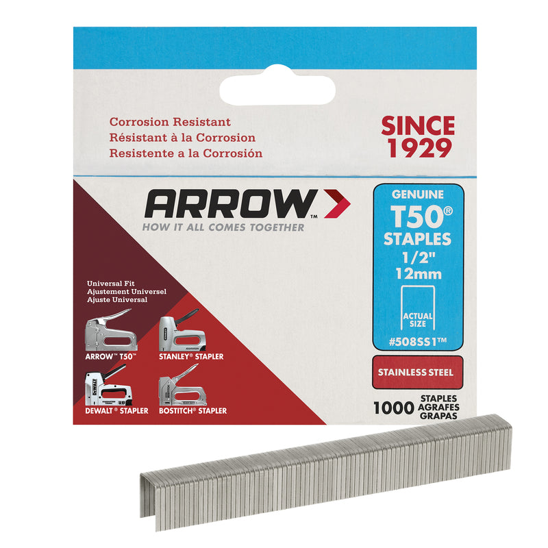 Arrow T50 3/8 in. W X 1/2 in. L 18 Ga. Flat Crown Heavy Duty Staples 1000 pk, Pack of 5