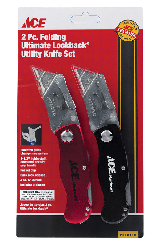Ace Ultimate Lockback 6 in. Folding Utility Knife Set Black/Red 2 pk