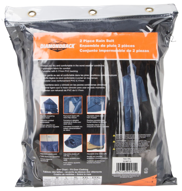 Diamondback SPU045-XXL Rain Suit, 2XL, 31-1/2 in Inseam, Polyester, Blue, Drawstring Pull-Out Hood Collar