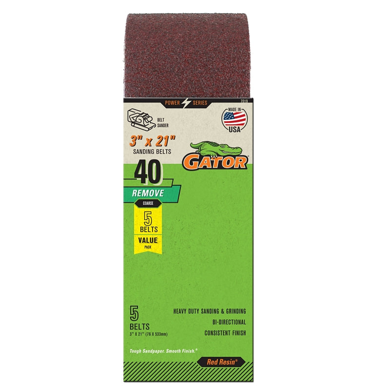 Gator 7019 Sanding Belt, 3 in W, 21 in L, 40 Grit, Extra Coarse, Aluminum Oxide Abrasive, 5/PK