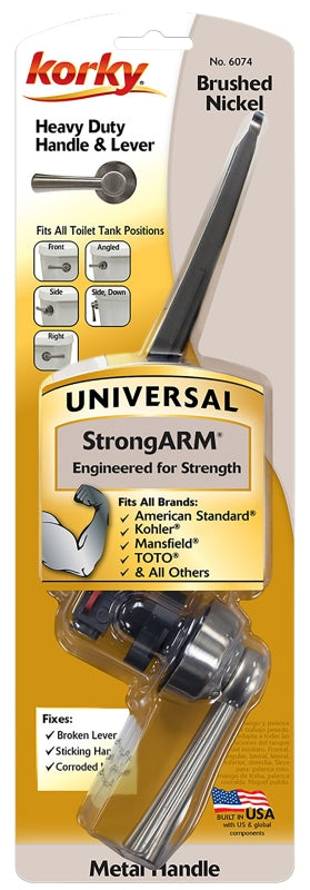 Korky StrongARM Series 6074BP Tank Flush Lever, Angled, Front, Right, Side, Metal, Brushed Nickel