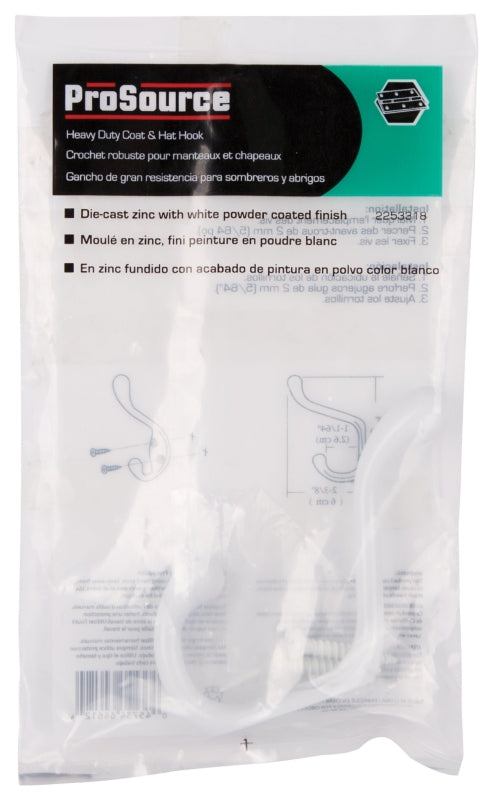 ProSource H6721007W-PS Coat and Hat Hook, 22 lb, 2-Hook, 1-1/64 in Opening, Zinc