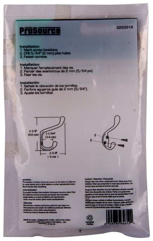 ProSource H6721007W-PS Coat and Hat Hook, 22 lb, 2-Hook, 1-1/64 in Opening, Zinc