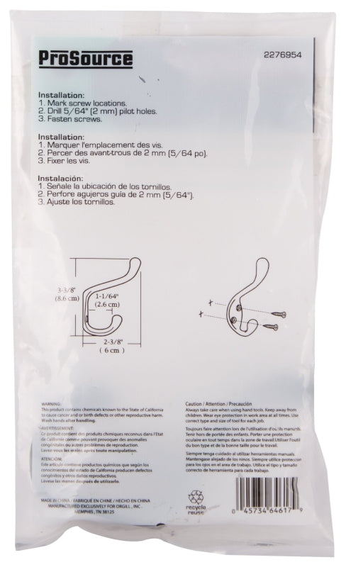 ProSource H6271007ORB-PS Coat and Hat Hook, 22 lb, 2-Hook, 1-1/64 in Opening, Zinc, Oil-Rubbed Bronze