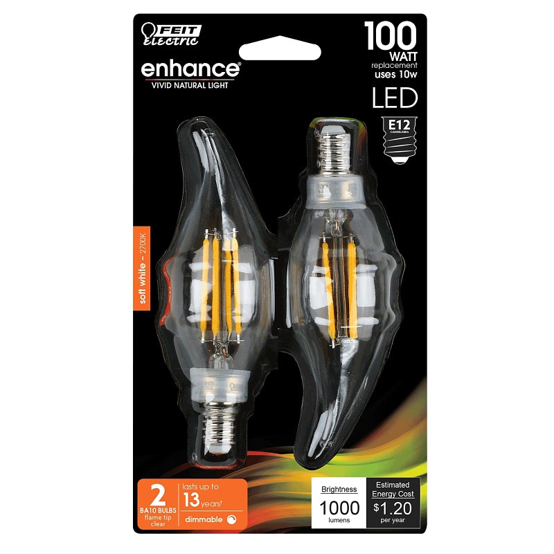 Feit Electric BPCFC100927CAFIL/ Filament LED Bulb, Flame Tip, BA10 Lamp, 100 W Equivalent, E12 Candelabra Lamp Base