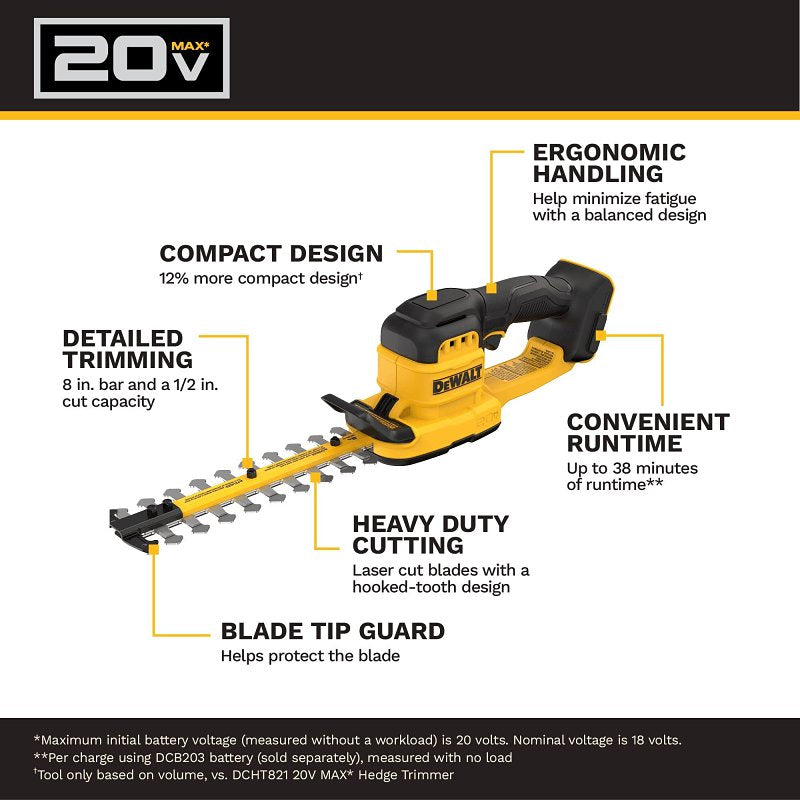 DEWALT MAX DCHT823B Compact Hedge Trimmer, Tool Only, 20 V, 1/2 in Cutting Capacity, 8 in L Blade
