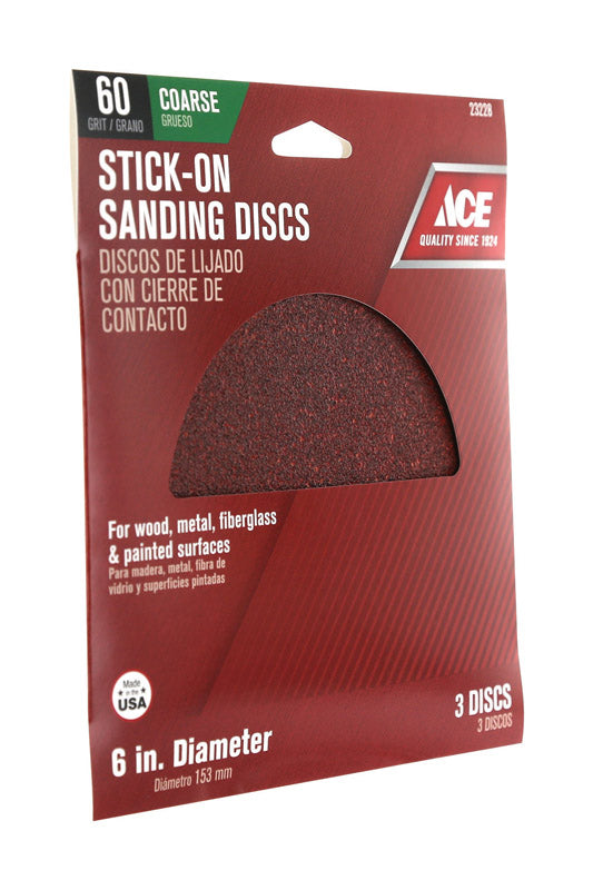 Ace 6 in. Aluminum Oxide Adhesive Sanding Disc 60 Grit Coarse 3 pk, Pack of 5