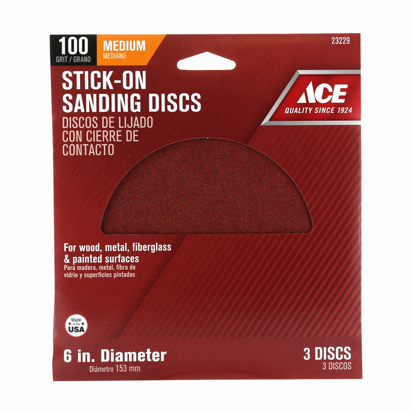 Ace 6 in. Aluminum Oxide Adhesive Sanding Disc 100 Grit Medium 3 pk, Pack of 5