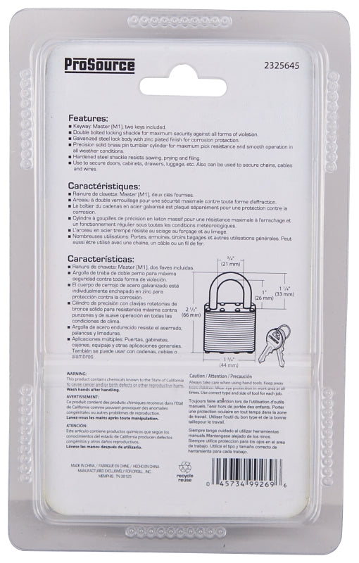 ProSource HD00014-3L Padlock, Standard Shackle, 9/32 in Dia Shackle, 1-1/4 in H Shackle, Steel Shackle, Steel Body