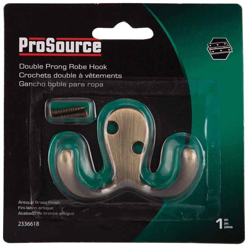 ProSource 23263ABB3L-PS Coat and Hat Hook, 22 lb, 2-Hook, 7/8 in Opening, Zinc, Antique Brass
