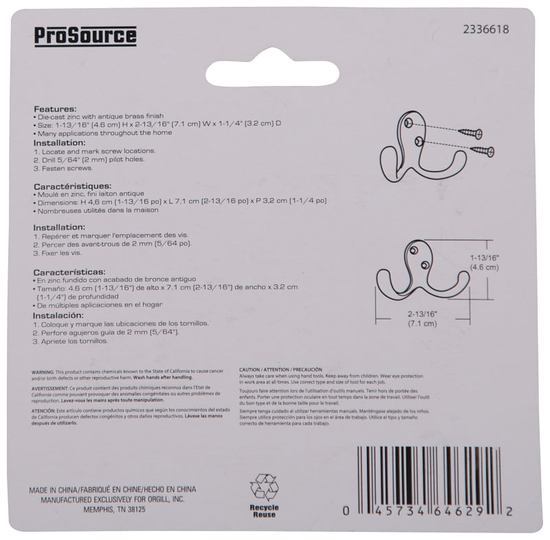 ProSource 23263ABB3L-PS Coat and Hat Hook, 22 lb, 2-Hook, 7/8 in Opening, Zinc, Antique Brass