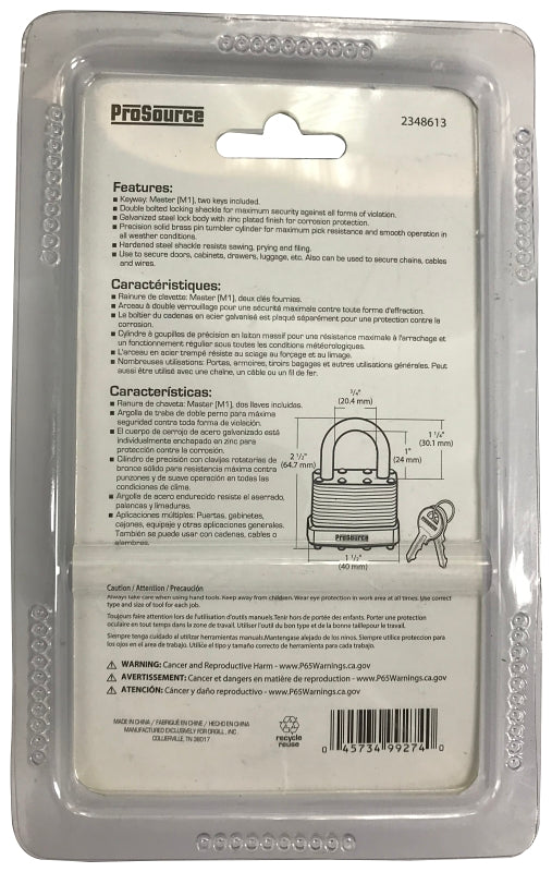 ProSource HD00034-3L Padlock, Standard Shackle, 1/4 in Dia Shackle, 1-1/4 in H Shackle, Steel Shackle, Steel Body