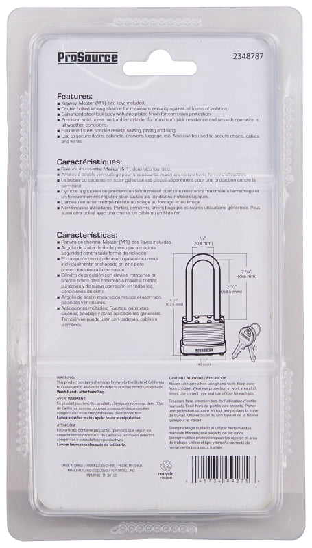 ProSource HD00040L-3L Padlock, Long Shackle, 1/4 in Dia Shackle, 2-3.4 in H Shackle, Steel Shackle, Steel Body
