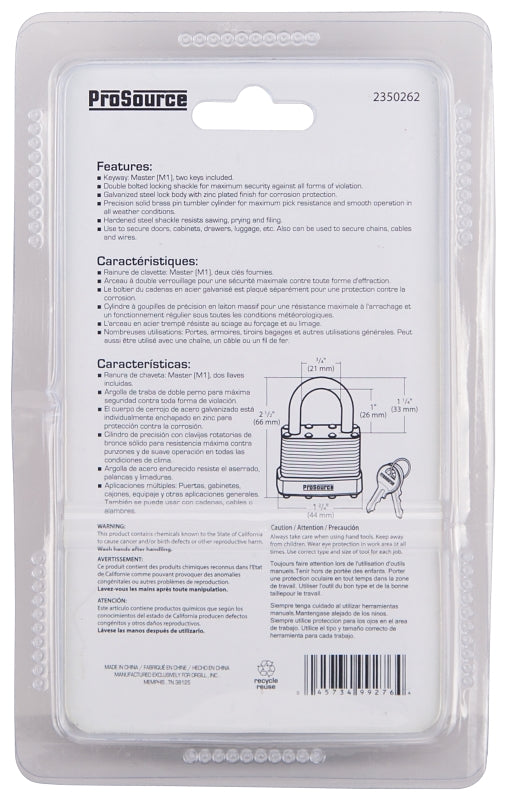 ProSource HD00028-3L Padlock, Standard Shackle, 9/32 in Dia Shackle, 1-1/4 in H Shackle, Steel Shackle, Steel Body