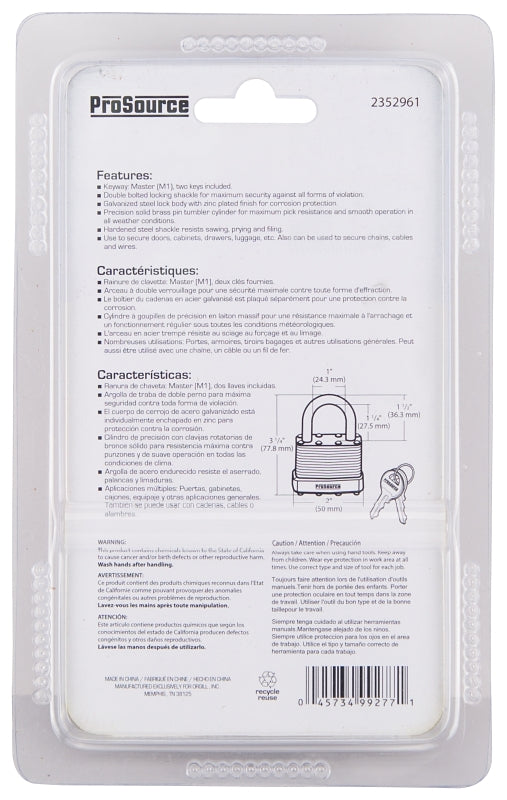 ProSource HD00038-3L Padlock, Standard Shackle, 11/32 in Dia Shackle, 1-1/2 in H Shackle, Steel Shackle, Steel Body