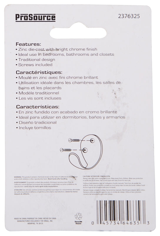 ProSource H63CH-PS Coat and Hat Hook, 22 lb, 1-Hook, 1-1/8 in Opening, Zinc, Chrome