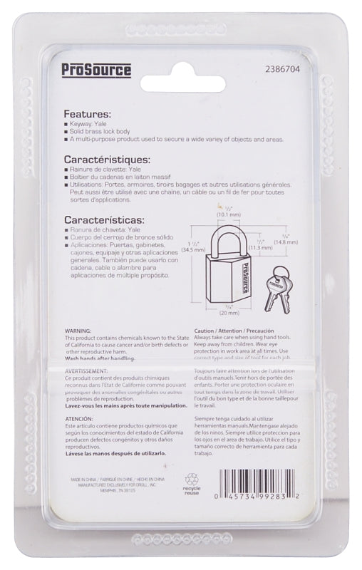 ProSource HD10020-3L Padlock, Standard Shackle, 1/8 in Dia Shackle, 3/4 in H Shackle, Steel Shackle, Brass Body