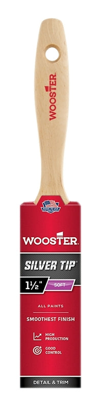 Wooster Silver Tip 5222-1-1/2 Paint Brush, 1-1/2 in W, Flat Brush, 2-7/16 in L Bristle, Polyester Bristle