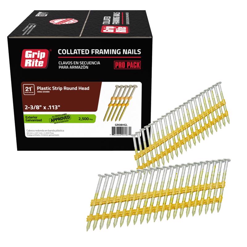 Grip-Rite 2-3/8 in. L X 12 Ga. Angled Strip Hot-Dip Galvanized Framing Nails 21 deg 2500 pk