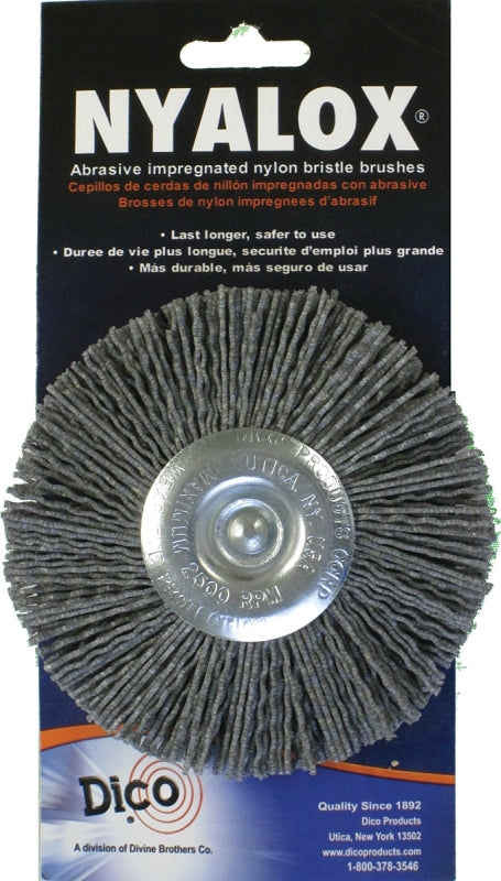 Dico 541-772-4 Mounted Wheel Brush, Nylon Bristle, 4 in Dia, 1/4 in Arbor/Shank