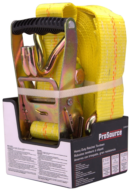 ProSource FH64066 Tie-Down, 2 in W, 27 ft L, Polyester Webbing, Metal Ratchet, Yellow, 3333 lb, Steel End Fitting