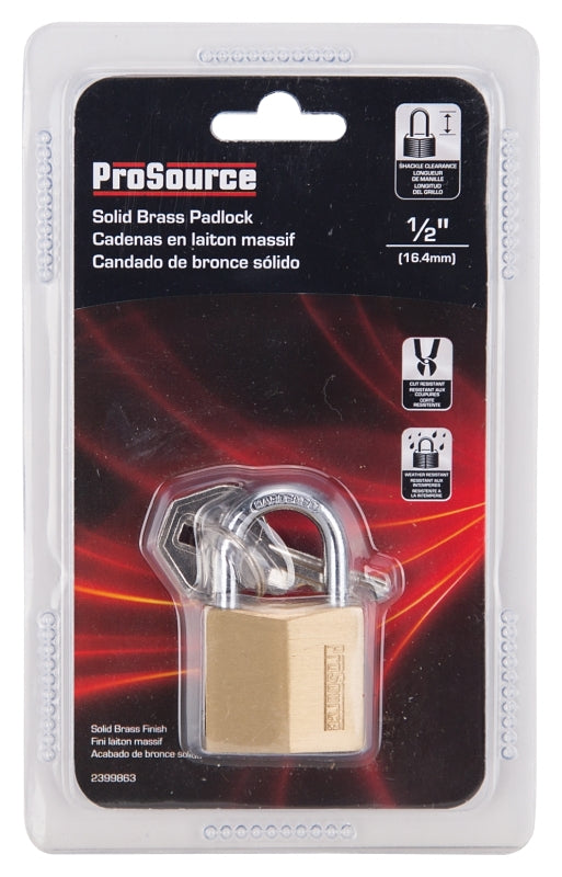 ProSource HD10030-3L Padlock, Standard Shackle, 3/16 in Dia Shackle, 3/4 in H Shackle, Steel Shackle, Brass Body