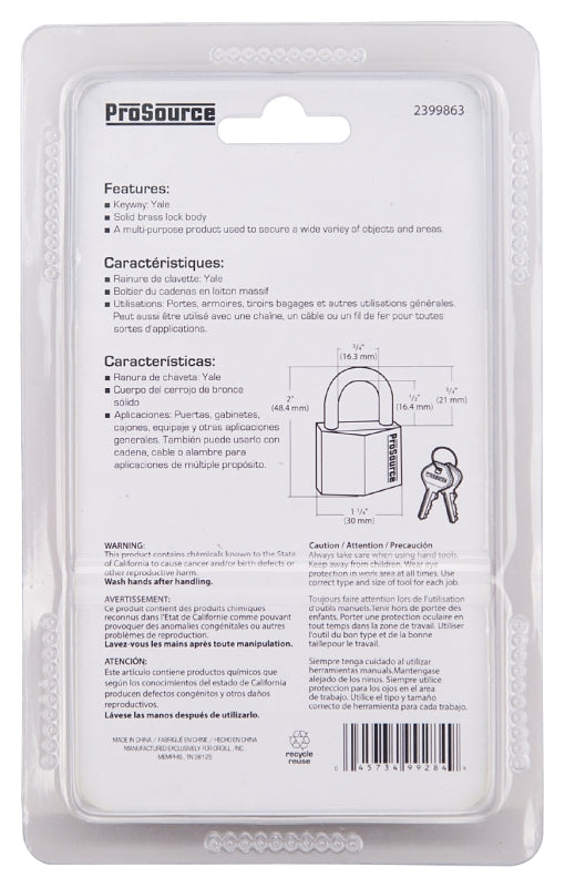 ProSource HD10030-3L Padlock, Standard Shackle, 3/16 in Dia Shackle, 3/4 in H Shackle, Steel Shackle, Brass Body