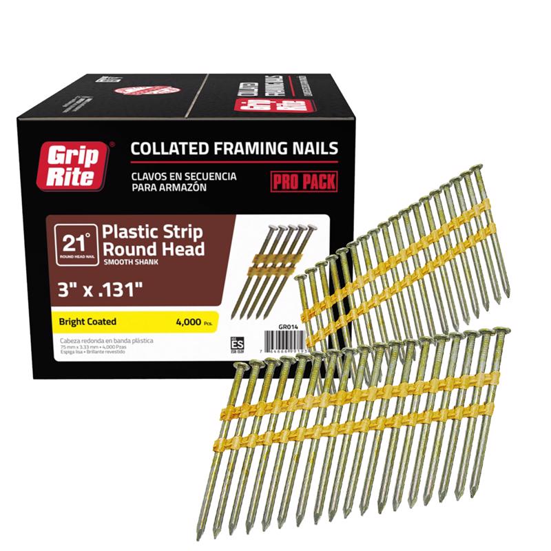 Grip-Rite 3 in. L X 10 Ga. Angled Strip Bright Framing Nails 21 deg 4000 pk