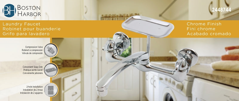 Boston Harbor PF6363204 Laundry Faucet, 1.8 gpm, 2-Handle, 2-Faucet Hole, Brass, Wall, 8 in Faucet Centers