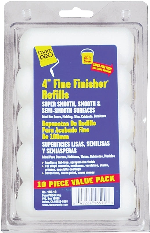 Foampro 165-10 Roller Refill, 3/8 in Thick Nap, 4 in L, Foam Cover, 10/PK